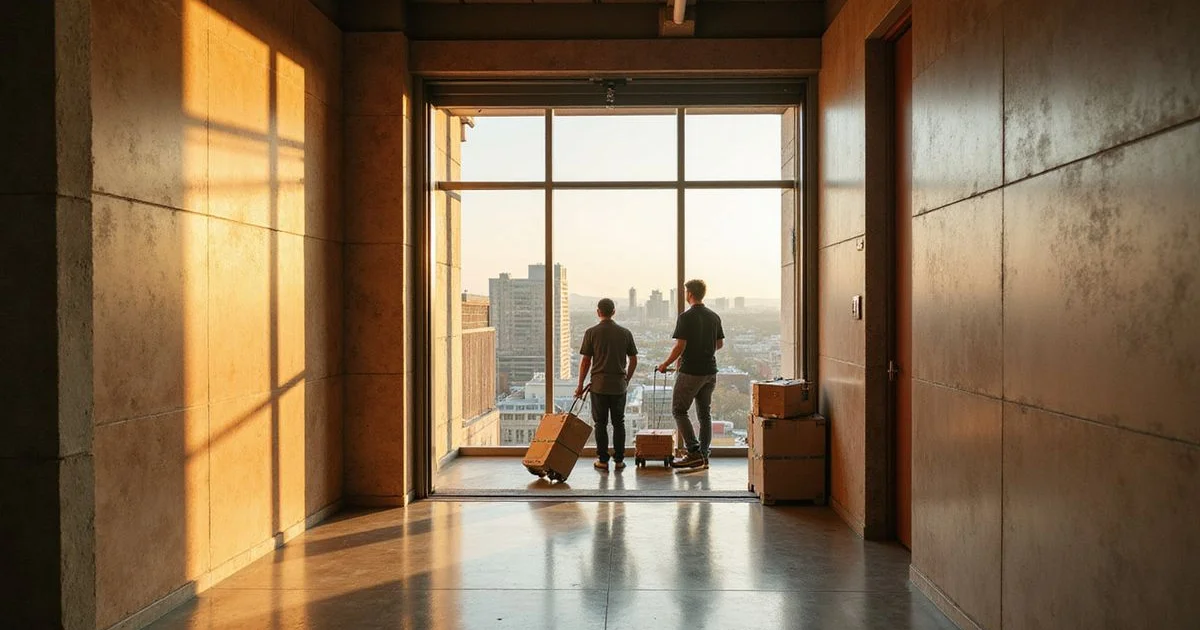 Movers with dollies in a padded freight elevator of a new Austin high rise