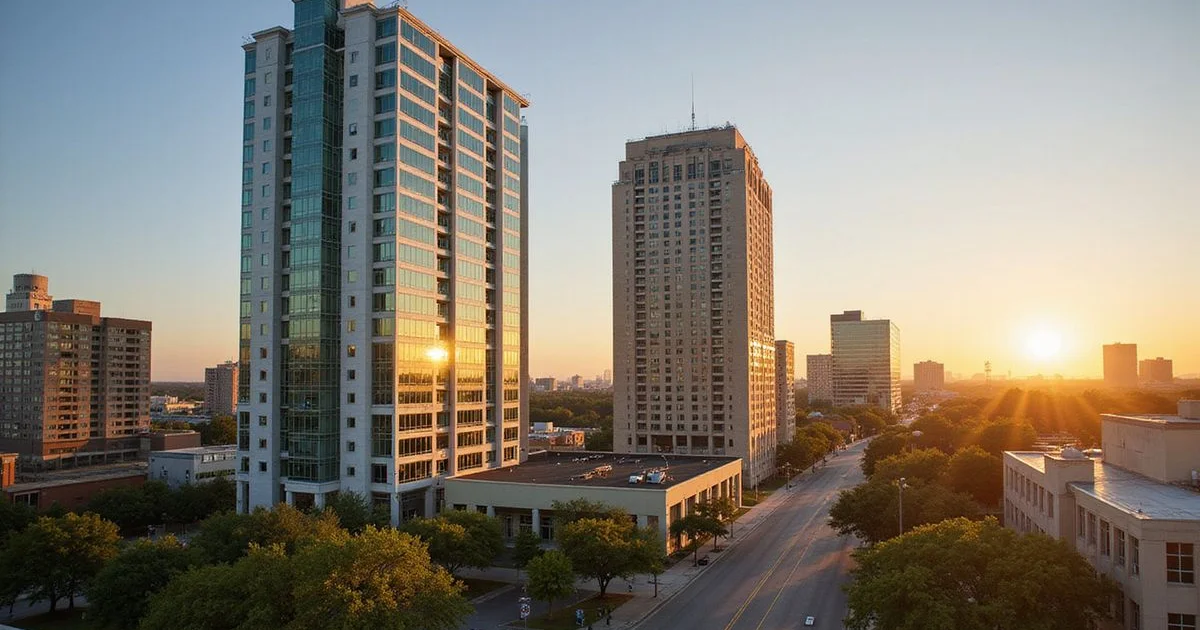 New glass tower beside an established limestone-accented high rise