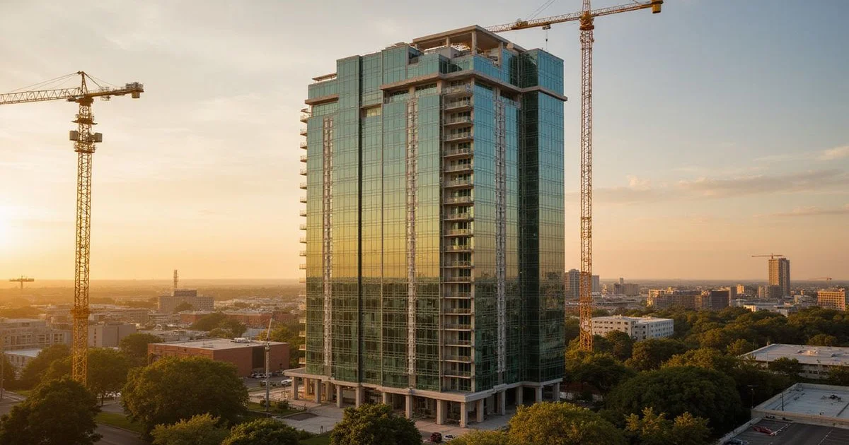 Newly topped-out glass tower in downtown Austin with a crane alongside