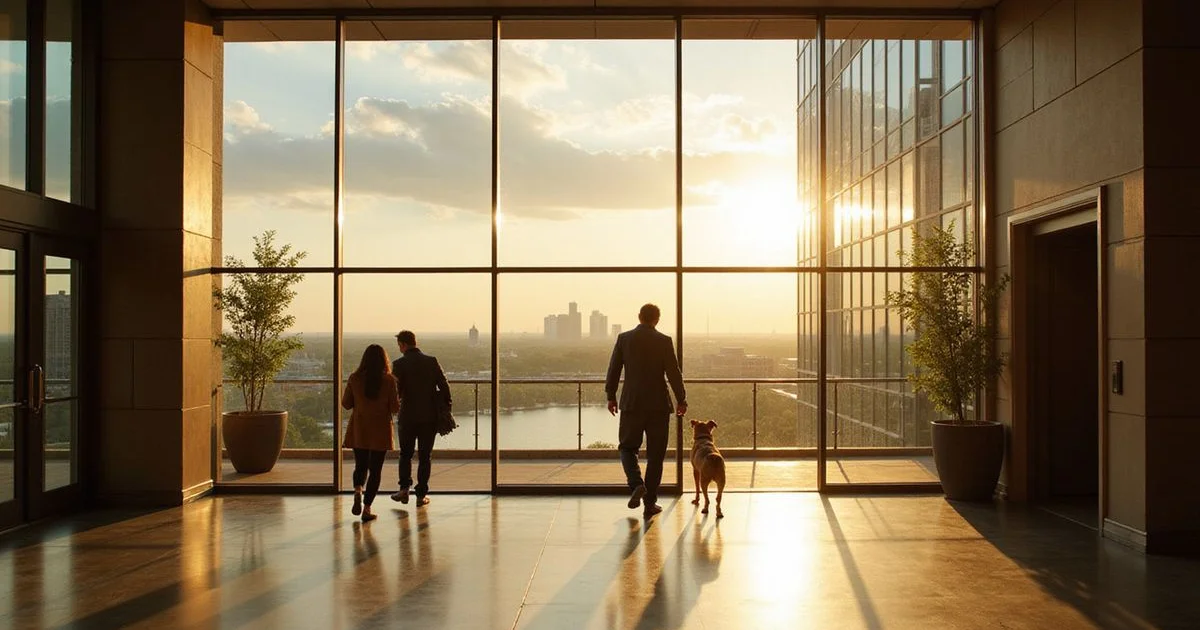 Owner walking a dog out of a high rise lobby toward Lady Bird Lake