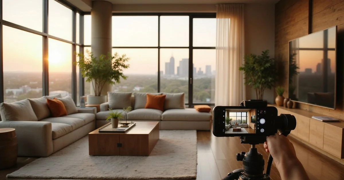 Phone on a tripod filming a video tour of a high rise living room