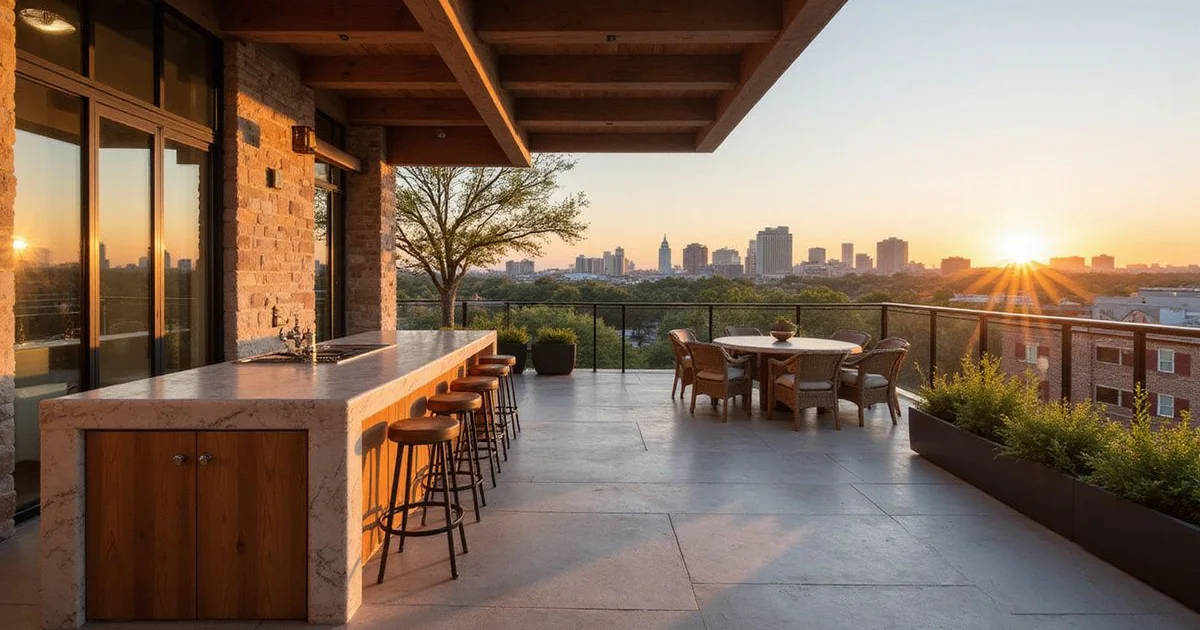 Private penthouse terrace with an outdoor kitchen above downtown Austin at sunset