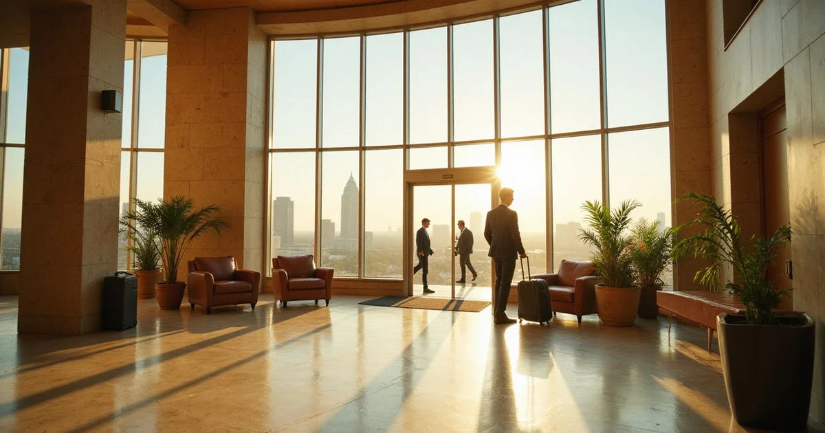 Professional with a suitcase arriving in a sunlit Austin high rise lobby