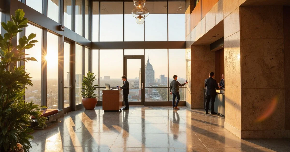 Property manager at a resident services desk in an Austin tower