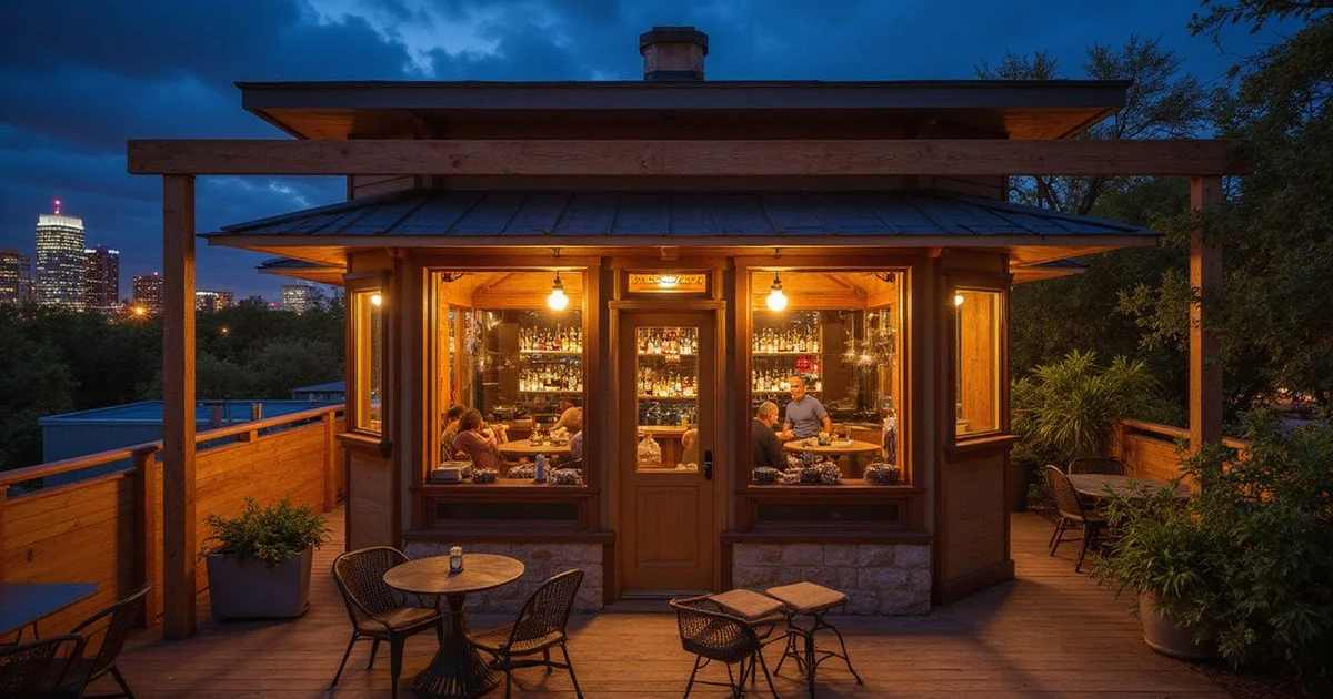 Rainey Street bungalow bars at night seen from a high rise window