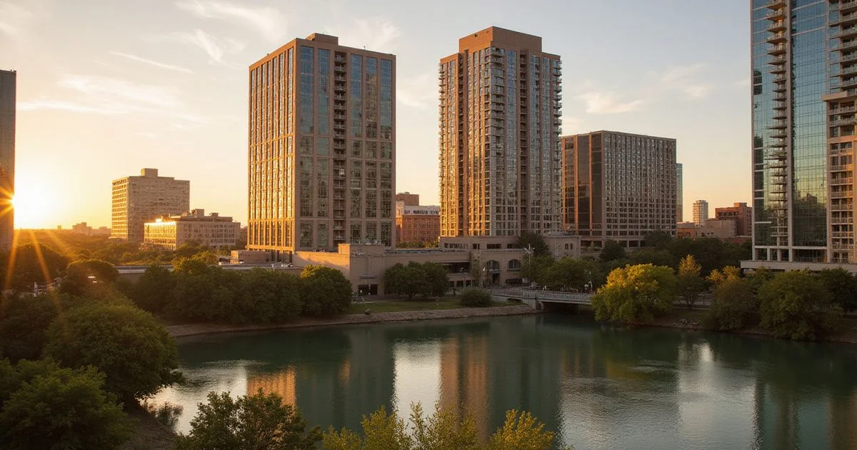 Rainey Street towers at golden hour with Lady Bird Lake in the foreground