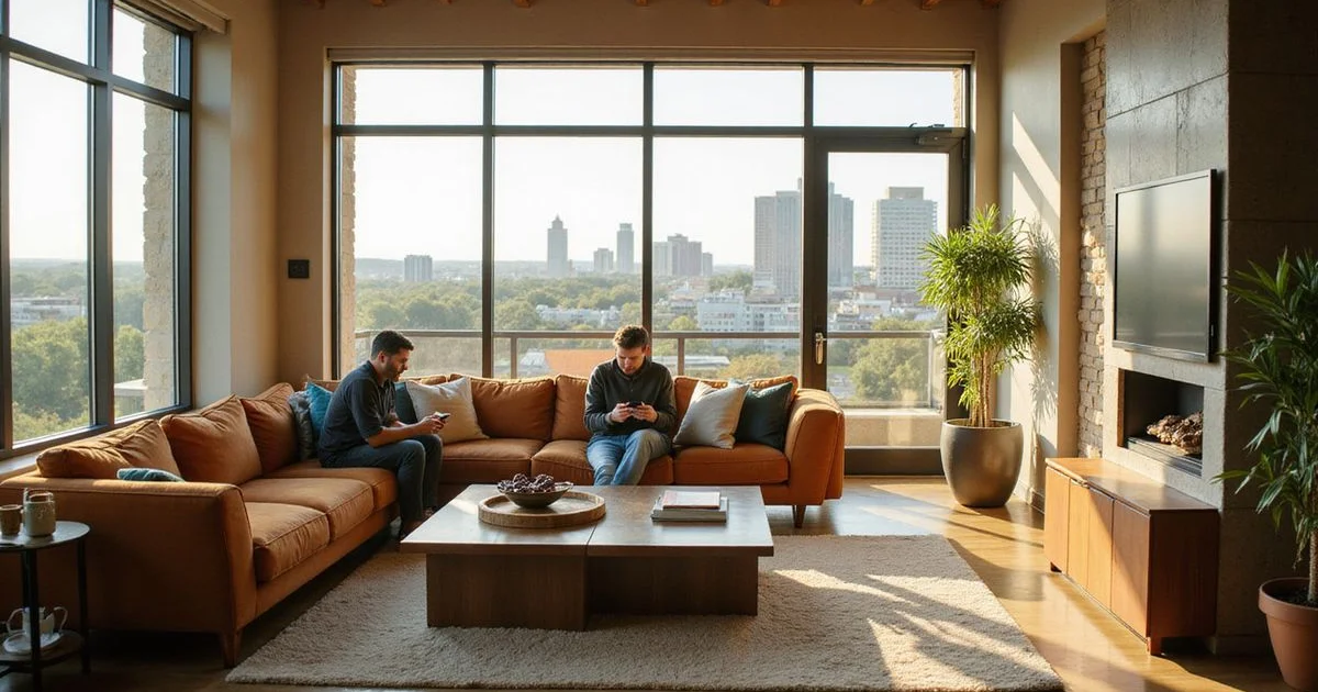Renter checking a credit report on a phone in a bright apartment