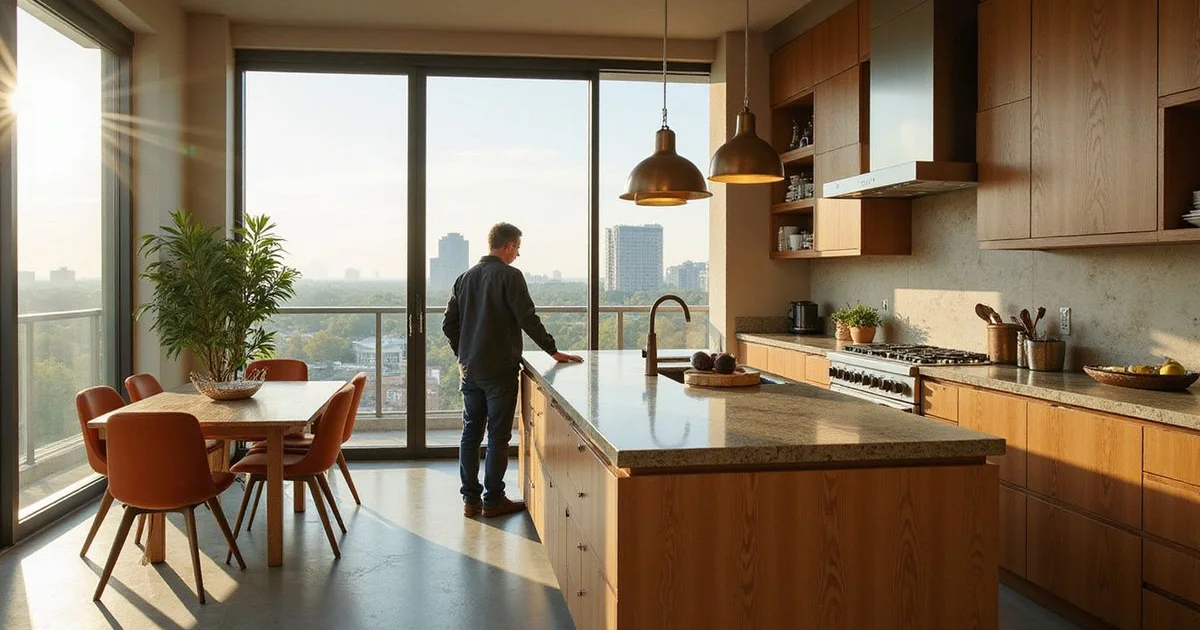 Renter inspecting a penthouse kitchen with brushed bronze fixtures