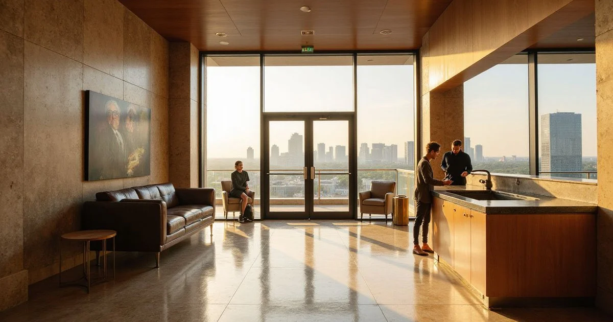 Renter receiving keys in a luxury high rise lobby with limestone walls