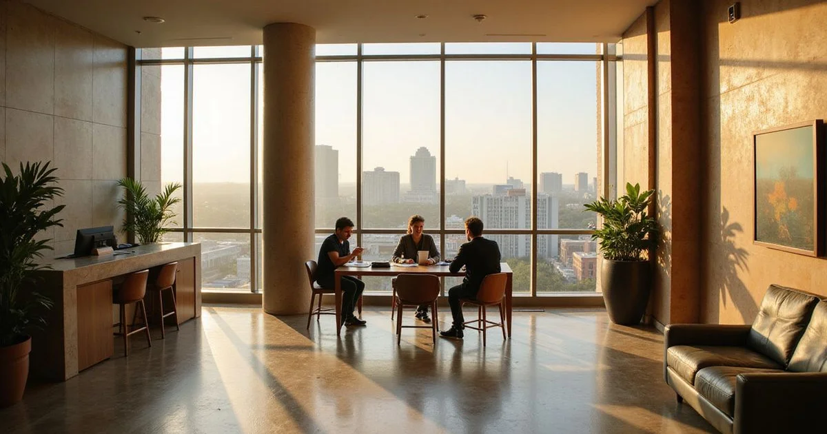 Renter reviewing paperwork with a locator at a lobby table