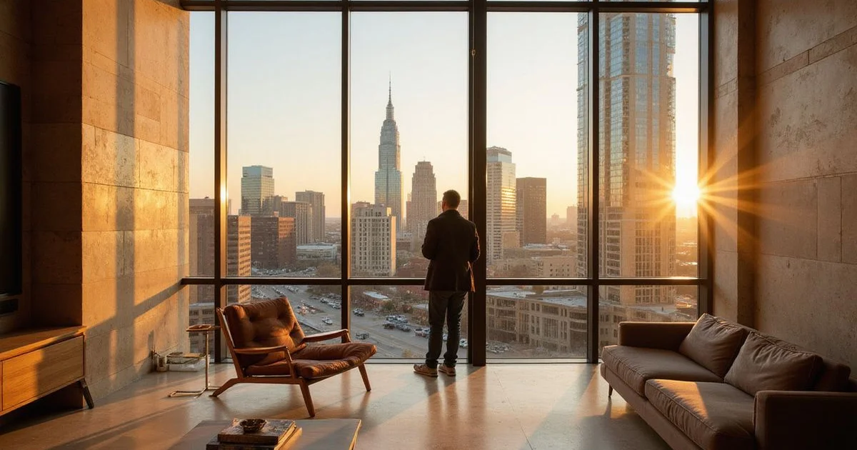 Renter at a floor-to-ceiling window comparing two towers across downtown Austin