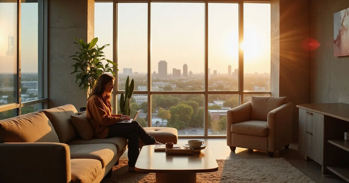 Renter submitting an online application on a laptop in a high rise lounge