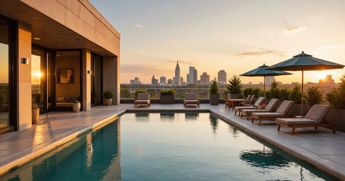 Rooftop pool deck at golden hour overlooking downtown Austin