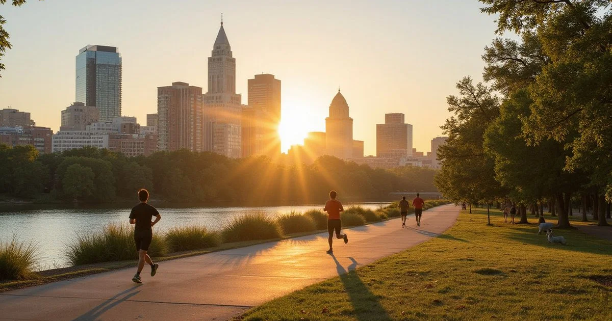 Runners on the Butler Trail along Lady Bird Lake at sunrise