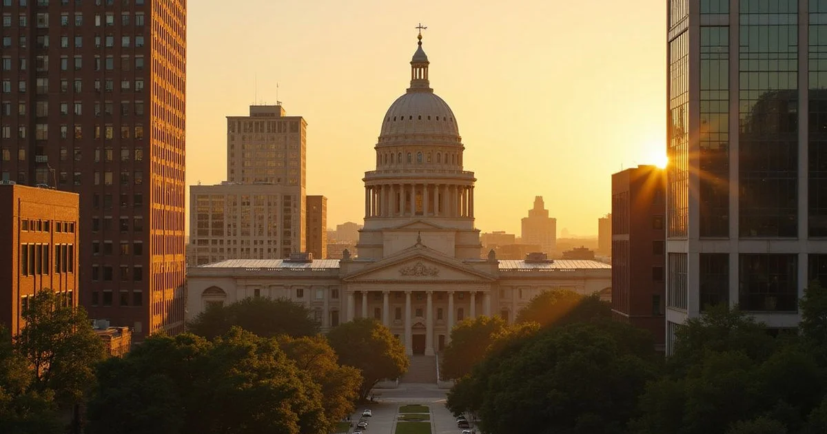 Texas State Capitol dome framed by downtown towers at golden hour