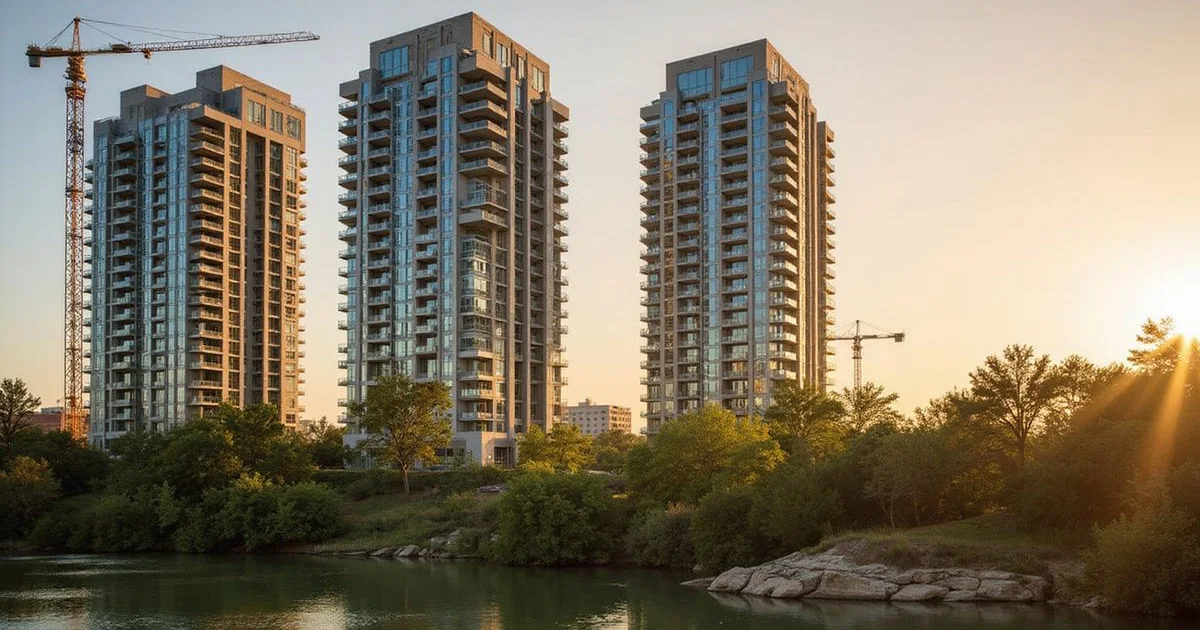 Three new glass towers in downtown Austin at golden hour with Lady Bird Lake in the foreground