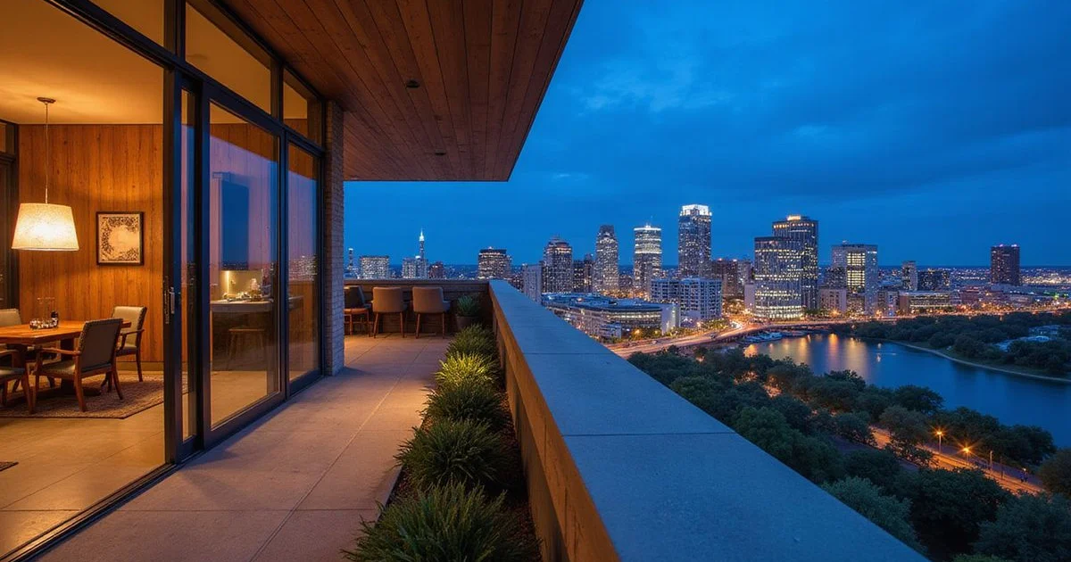 Top-floor penthouse terrace at dusk overlooking downtown Austin and Lady Bird Lake