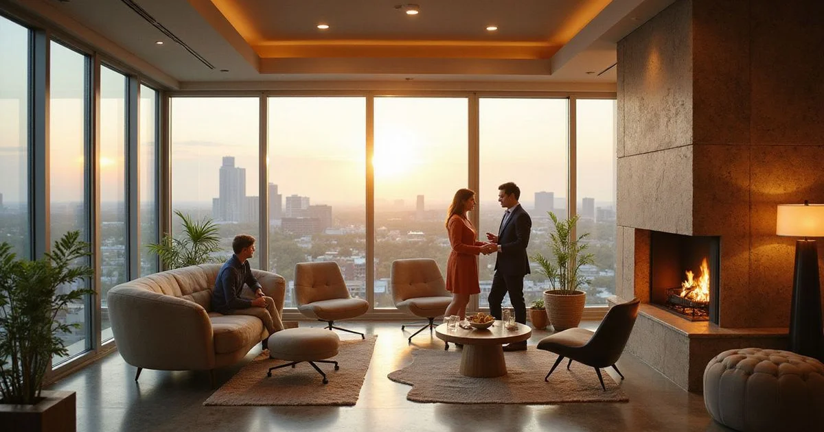 Two people reviewing a lease in a leasing lounge with skyline windows