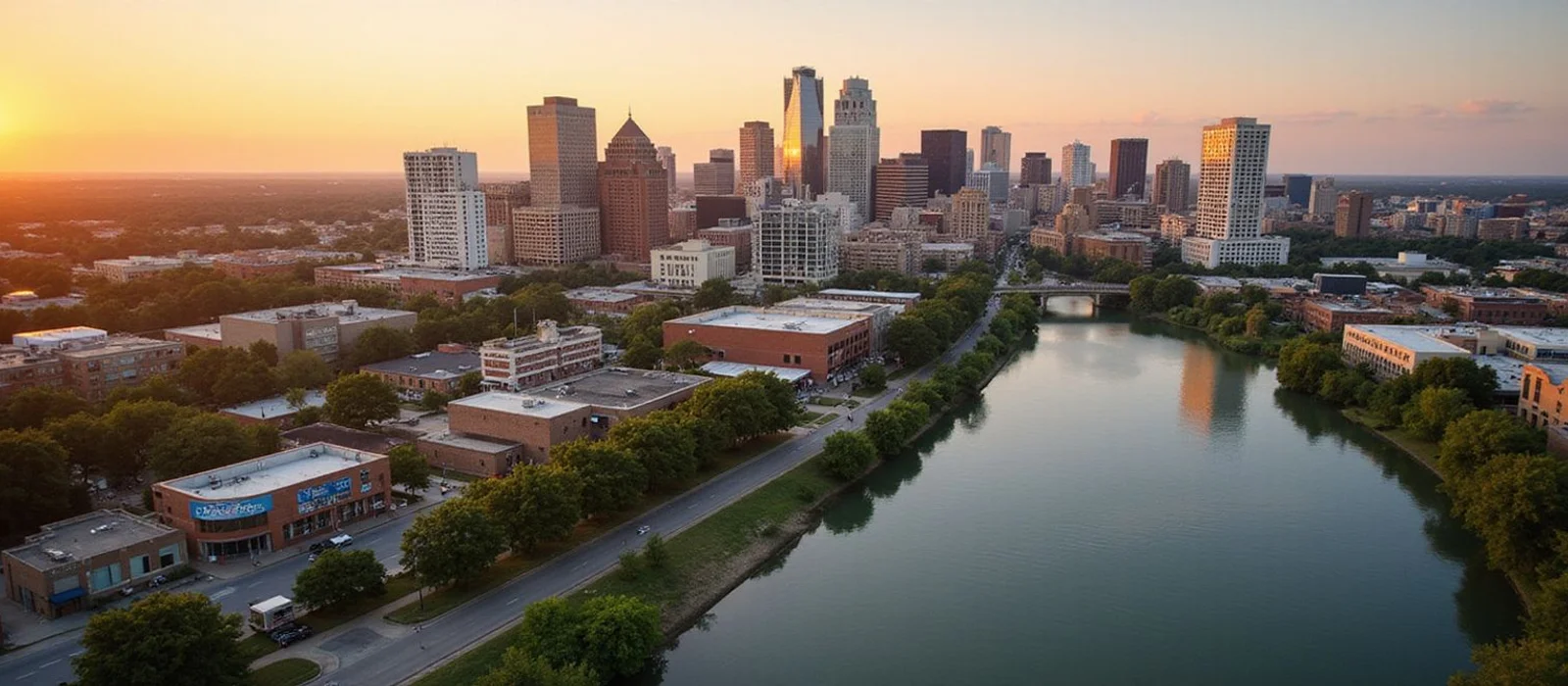 Aerial view of downtown Austin districts along Lady Bird Lake