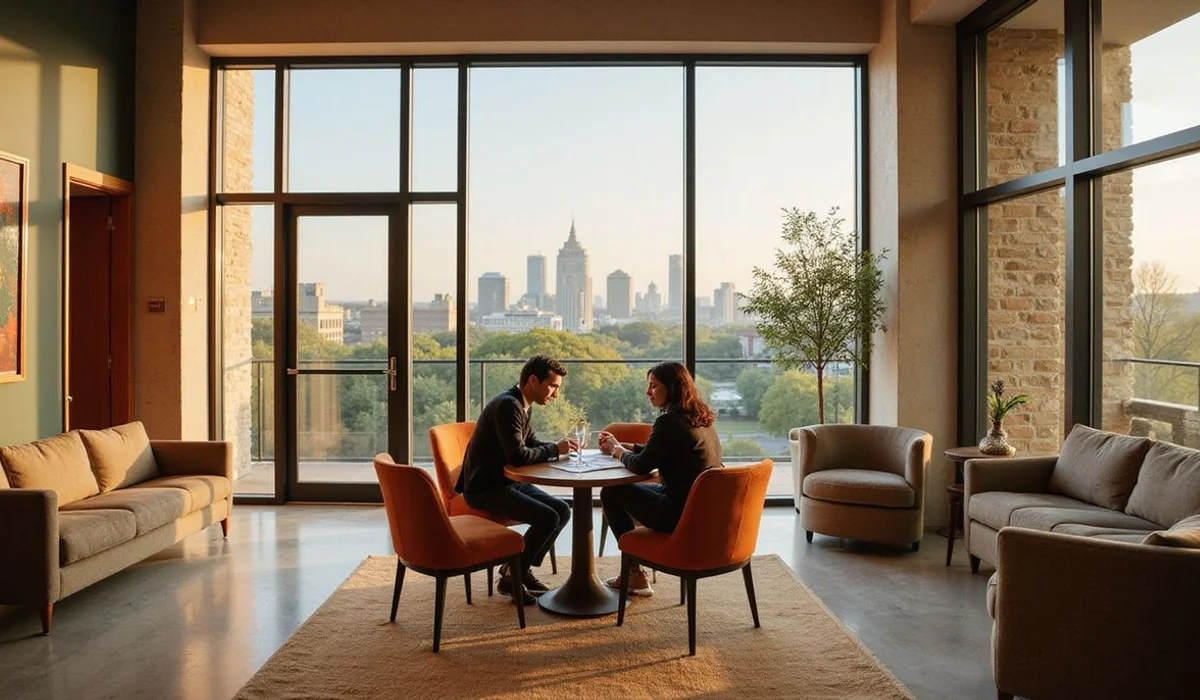 Locator and renter reviewing building screening criteria together