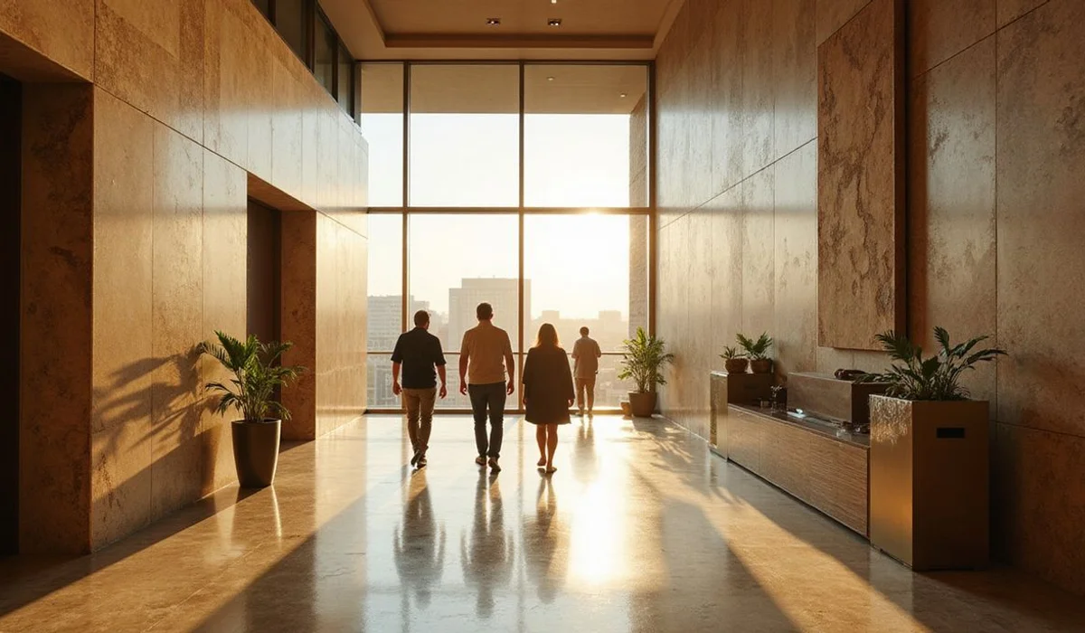 Austin high rise locating team walking through a luxury tower lobby
