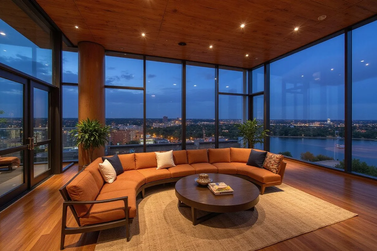Austin penthouse great room with tall ceilings and a panoramic Lady Bird Lake view