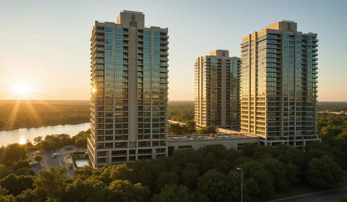 Residential towers on Lady Bird Lake's north shore above the tree canopy line