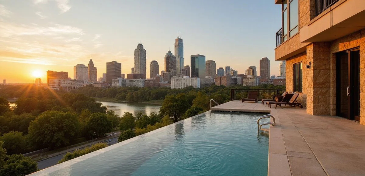 Austin skyline and a luxury high rise rooftop pool overlooking Lady Bird Lake at golden hour