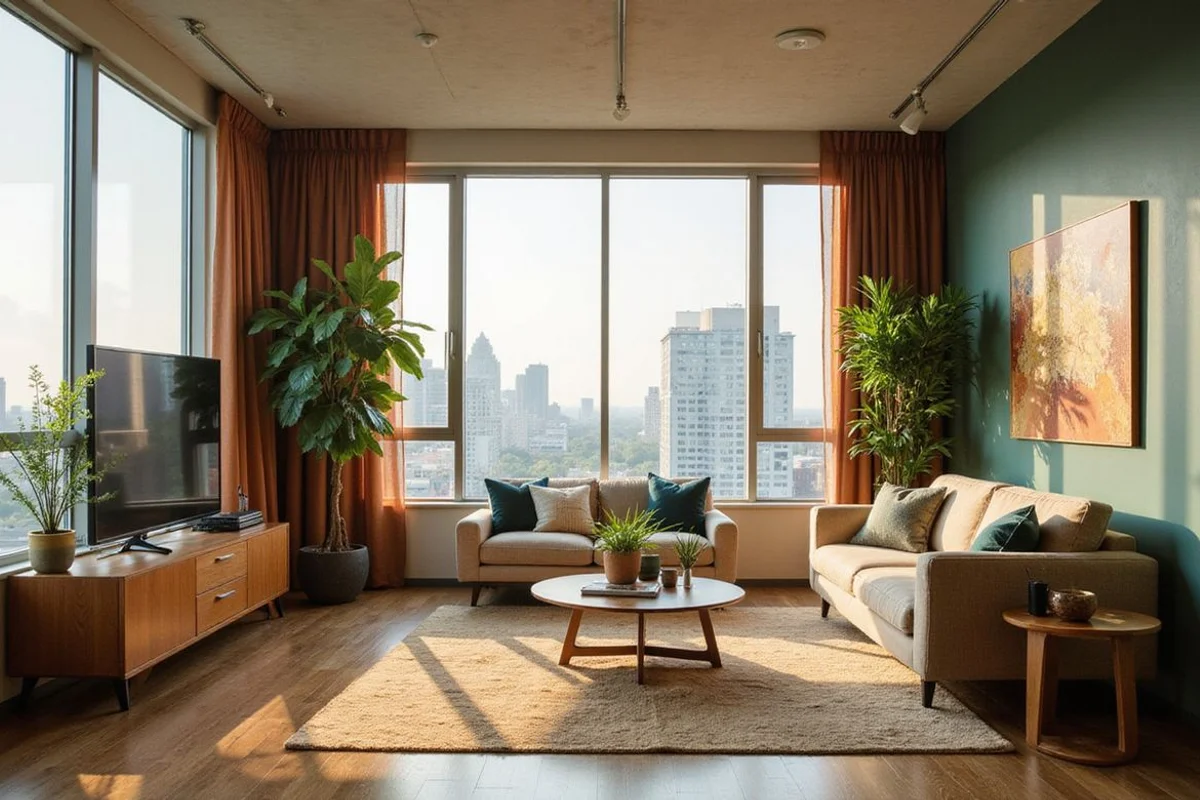 Bright high rise studio in Austin with sage accents and a skyline view