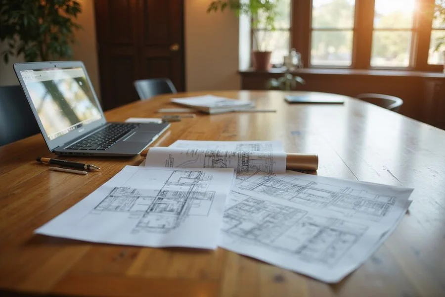 Building profile binders, floor plans and a concession tracking spreadsheet on a desk