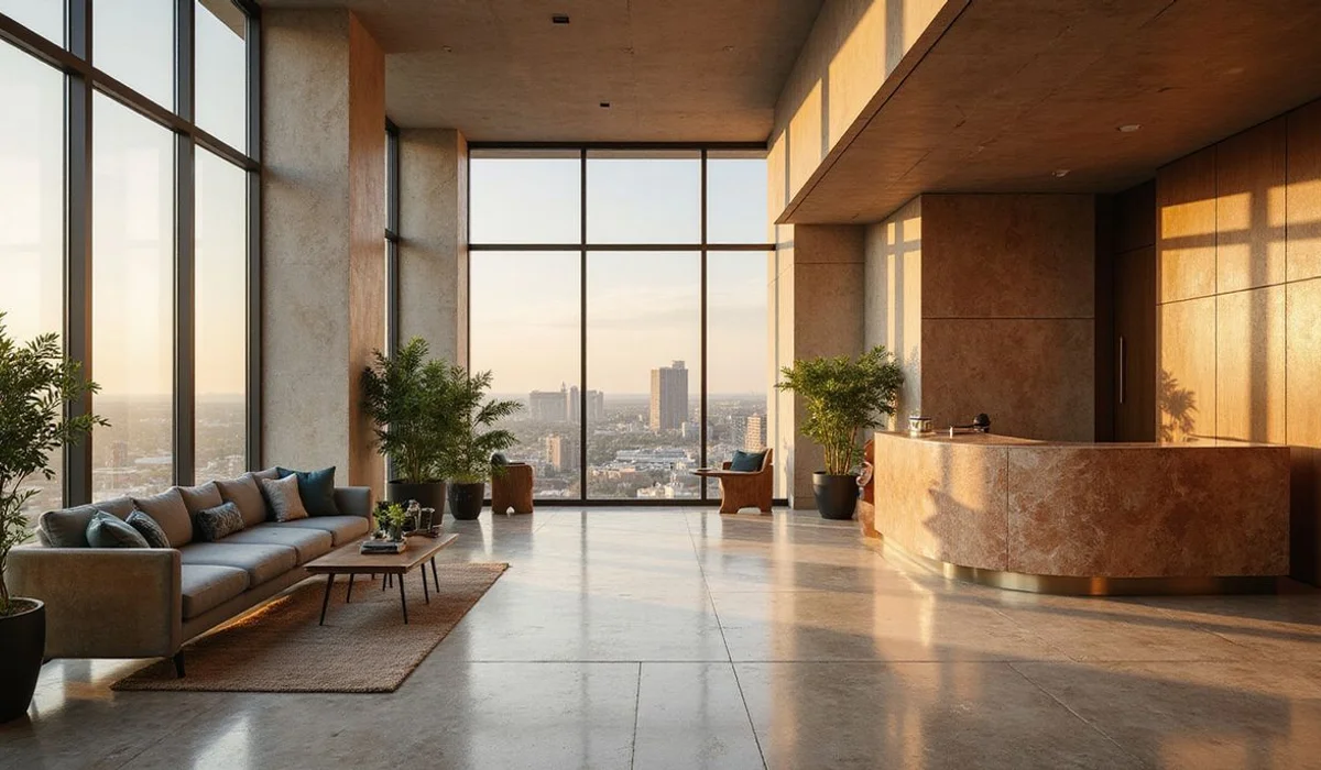 Concierge desk and limestone lobby in a Class A+ Austin high rise