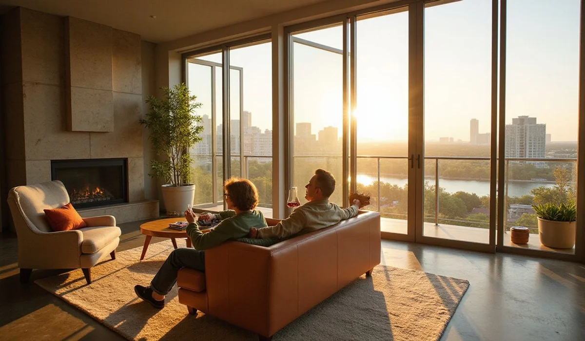 Downsizing couple on a large private balcony overlooking Lady Bird Lake