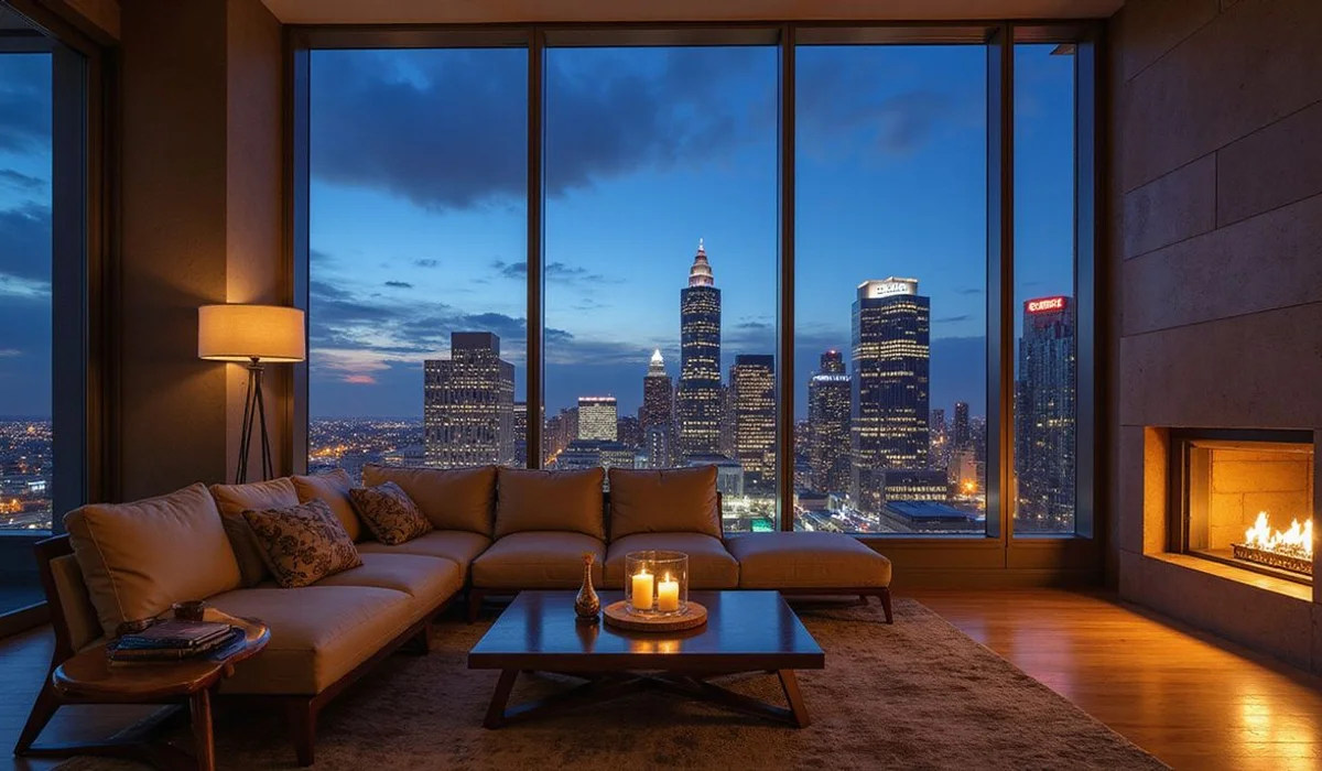 Downtown Austin skyline at night from a 50th-floor living room