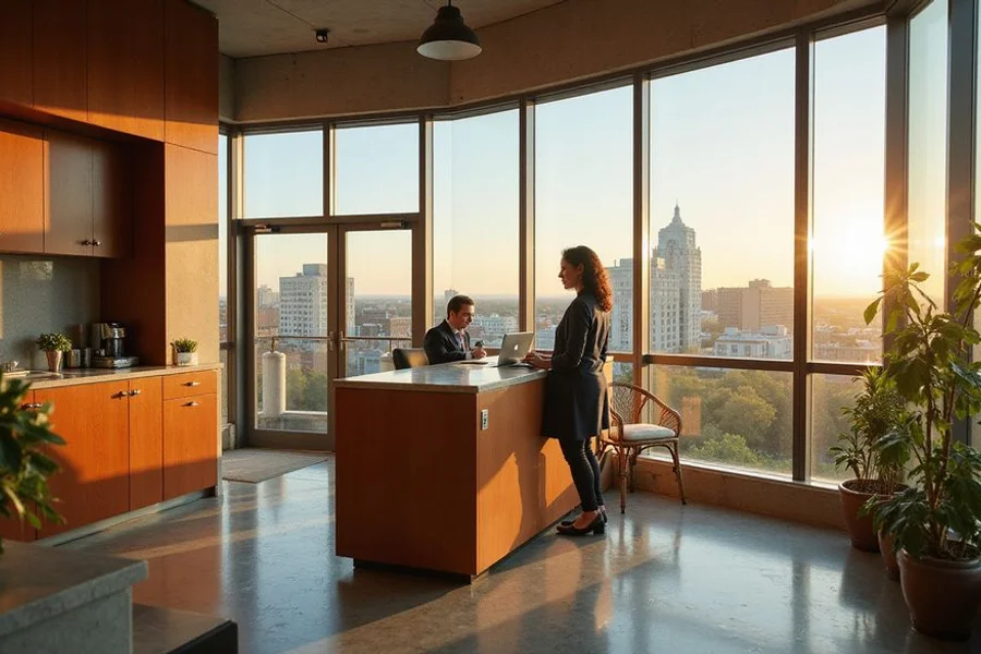 Apartment locator answering a call with an Austin skyline view