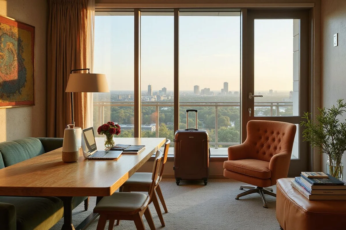 Furnished corporate apartment in an Austin high rise with a laptop and suitcase by the windows