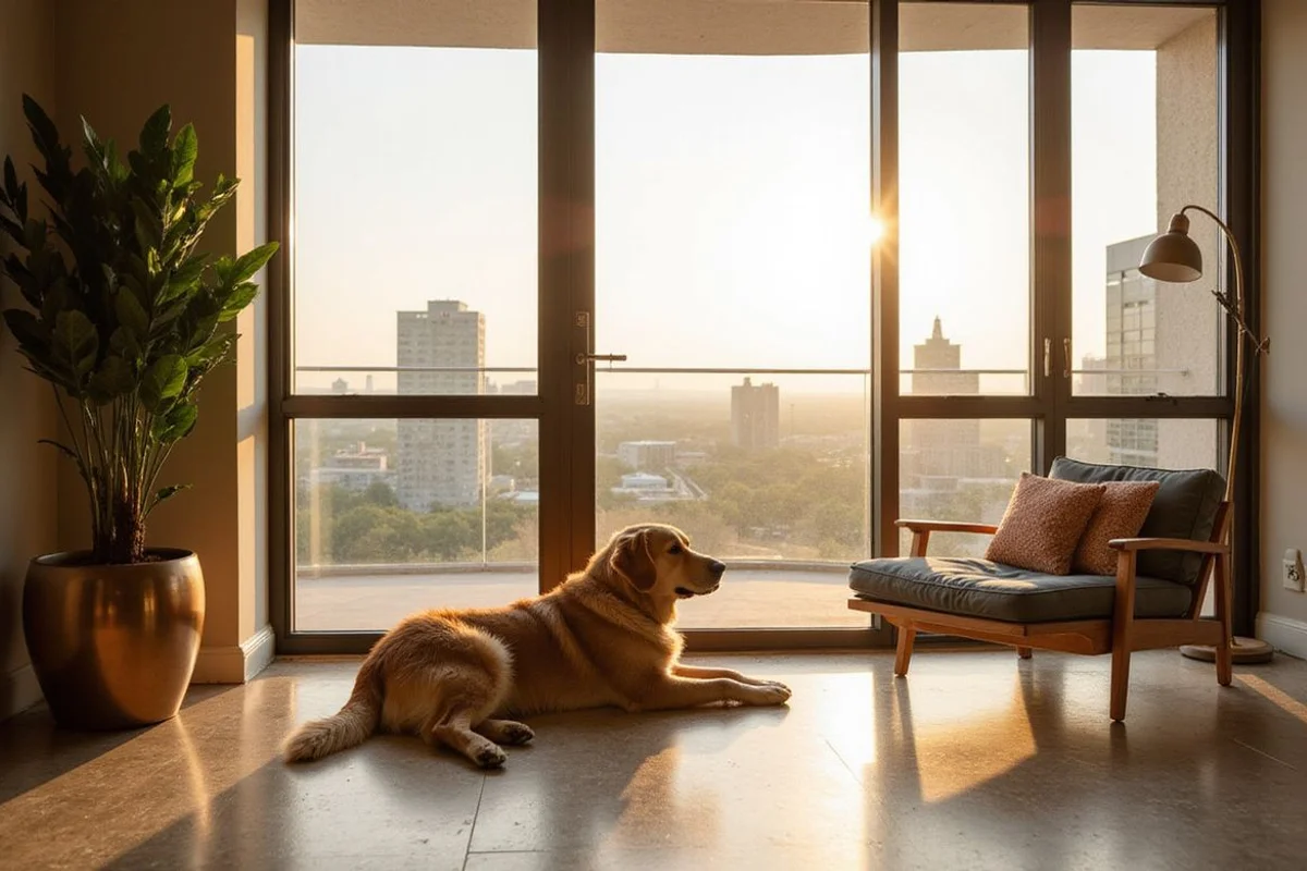 Golden retriever by floor-to-ceiling windows in an Austin high rise apartment