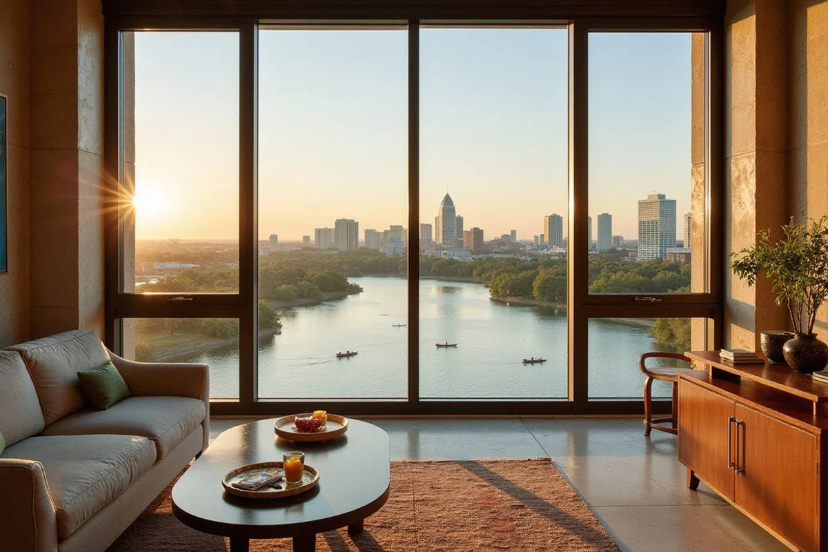 Lady Bird Lake seen from a high-floor Austin apartment through floor-to-ceiling glass