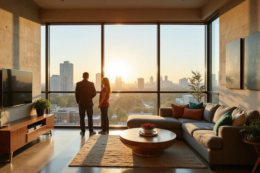 Locator and renter touring a furnished high rise living room over downtown Austin