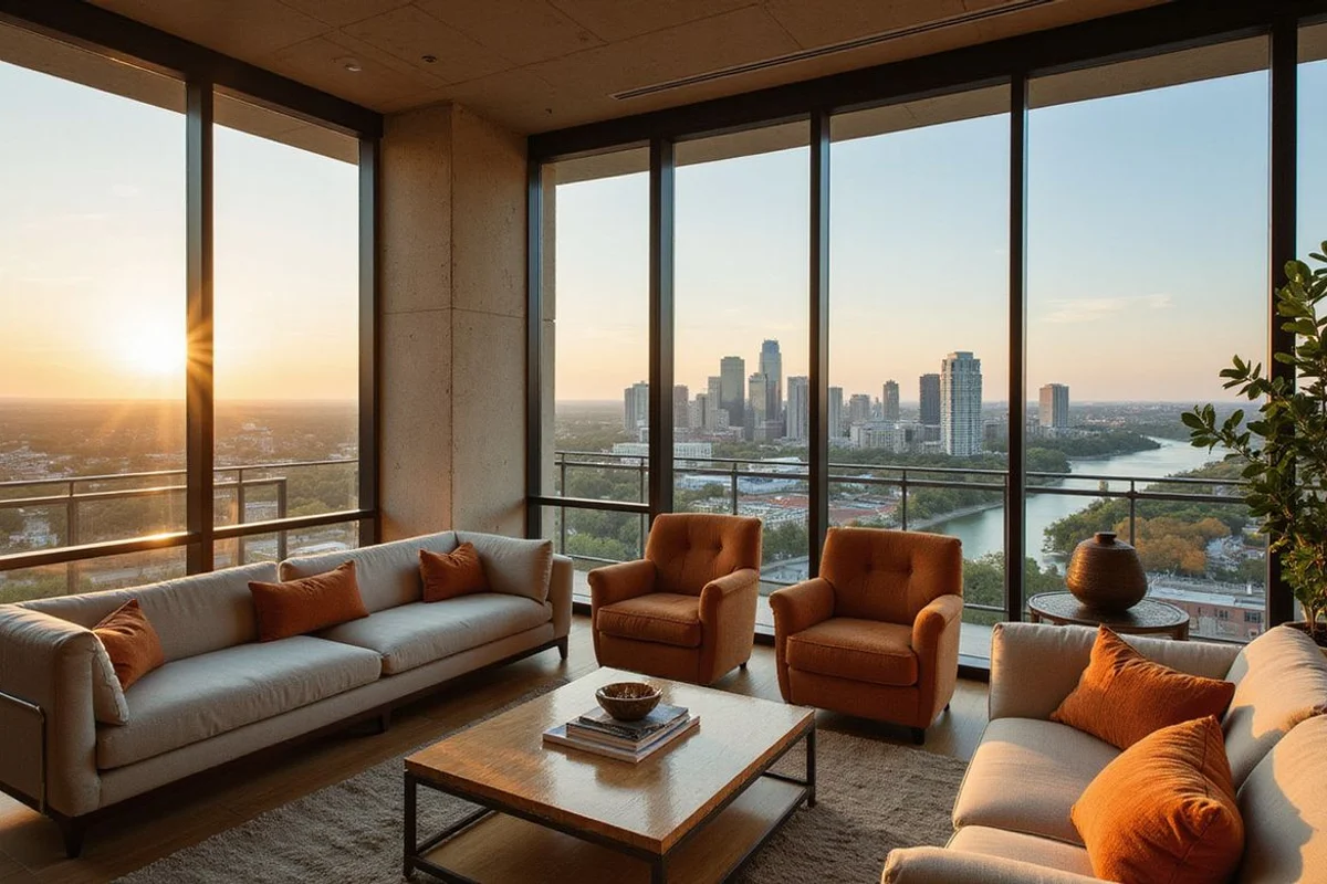 Luxury high rise living room in downtown Austin with floor-to-ceiling glass and a Lady Bird Lake view