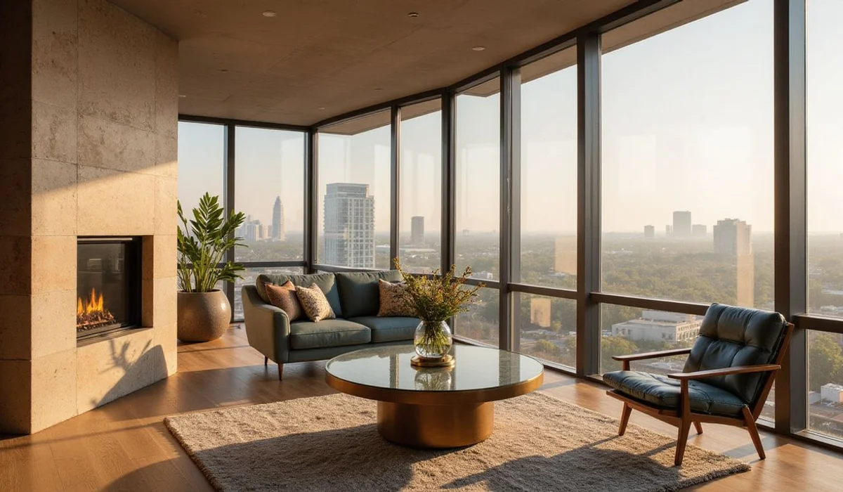 Model unit in a new Austin tower with oak floors and a skyline view