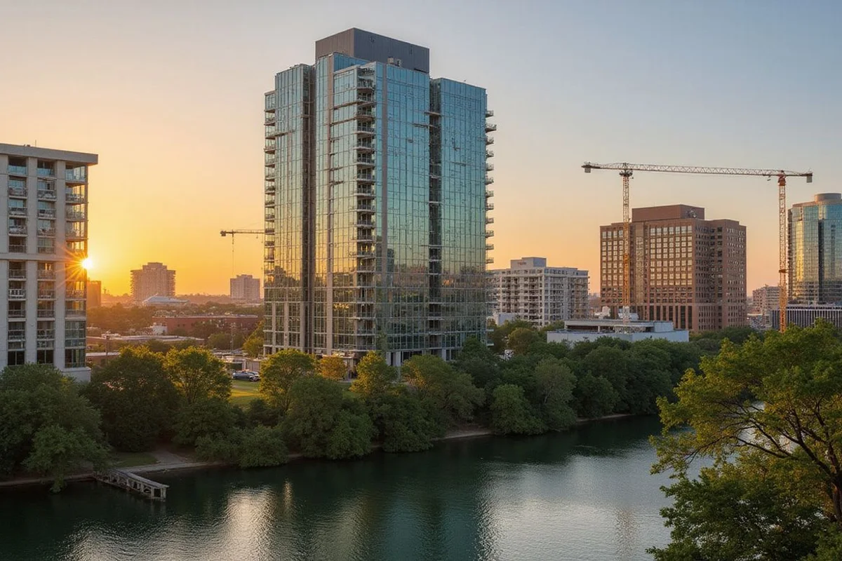 Newly completed glass residential tower in downtown Austin with a crane beside it