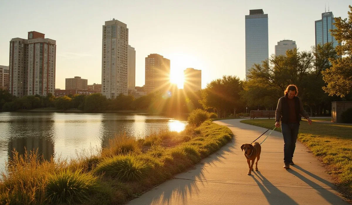 Owner walking a dog on the Butler Trail along Lady Bird Lake