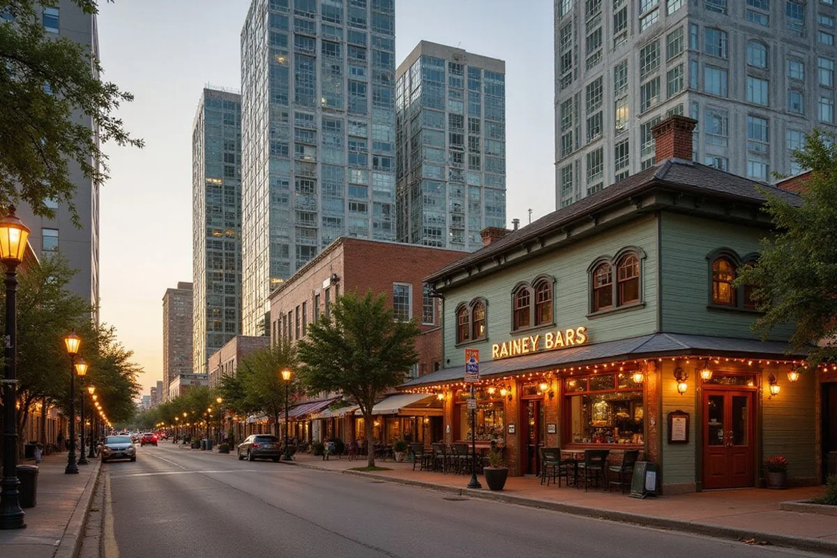 Rainey Street bungalow bars beneath tall residential towers at golden hour