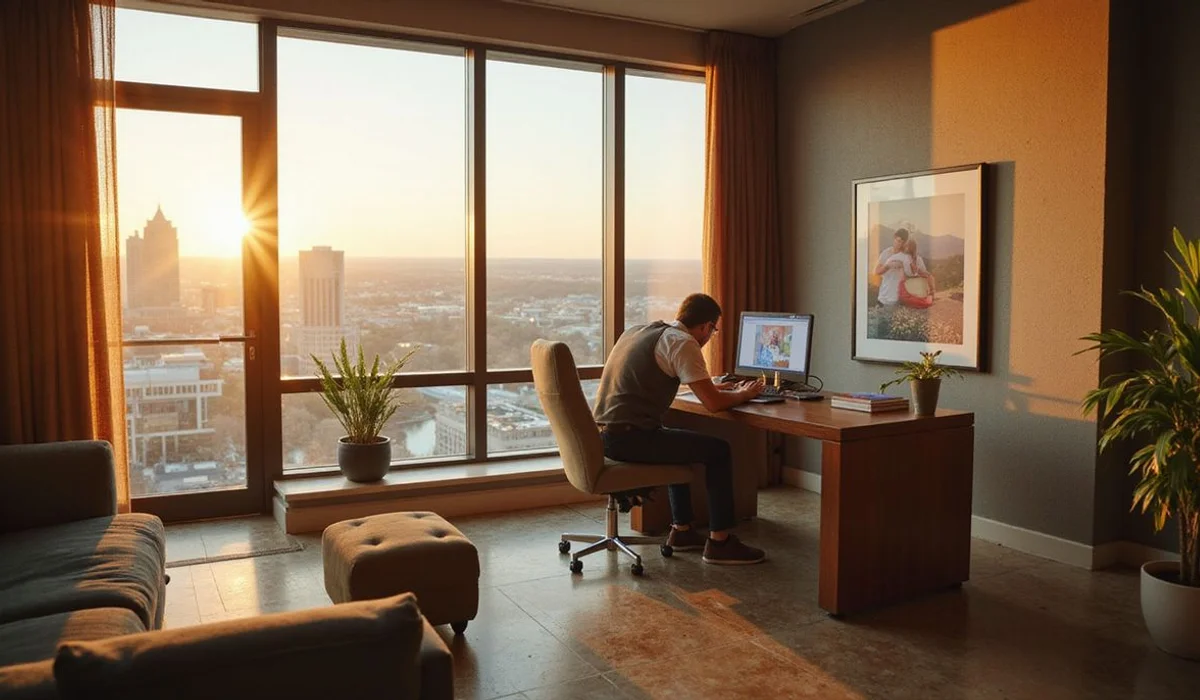 Relocating professional joining a live video tour of an Austin high rise unit