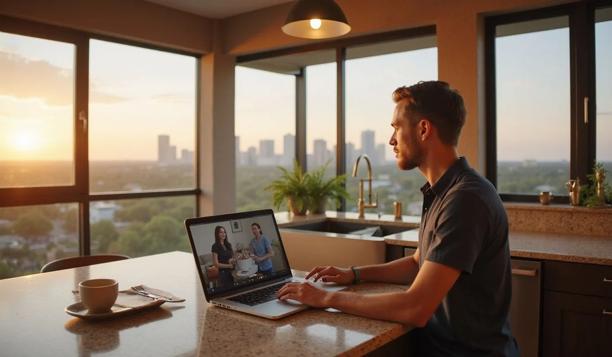 Renter on a video call with a locator reviewing three matched Austin high rises