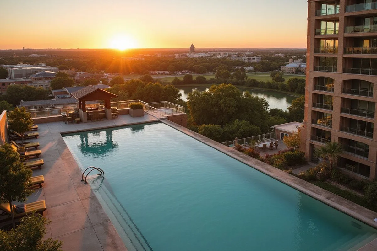 Rooftop infinity pool on a downtown Austin high rise at golden hour