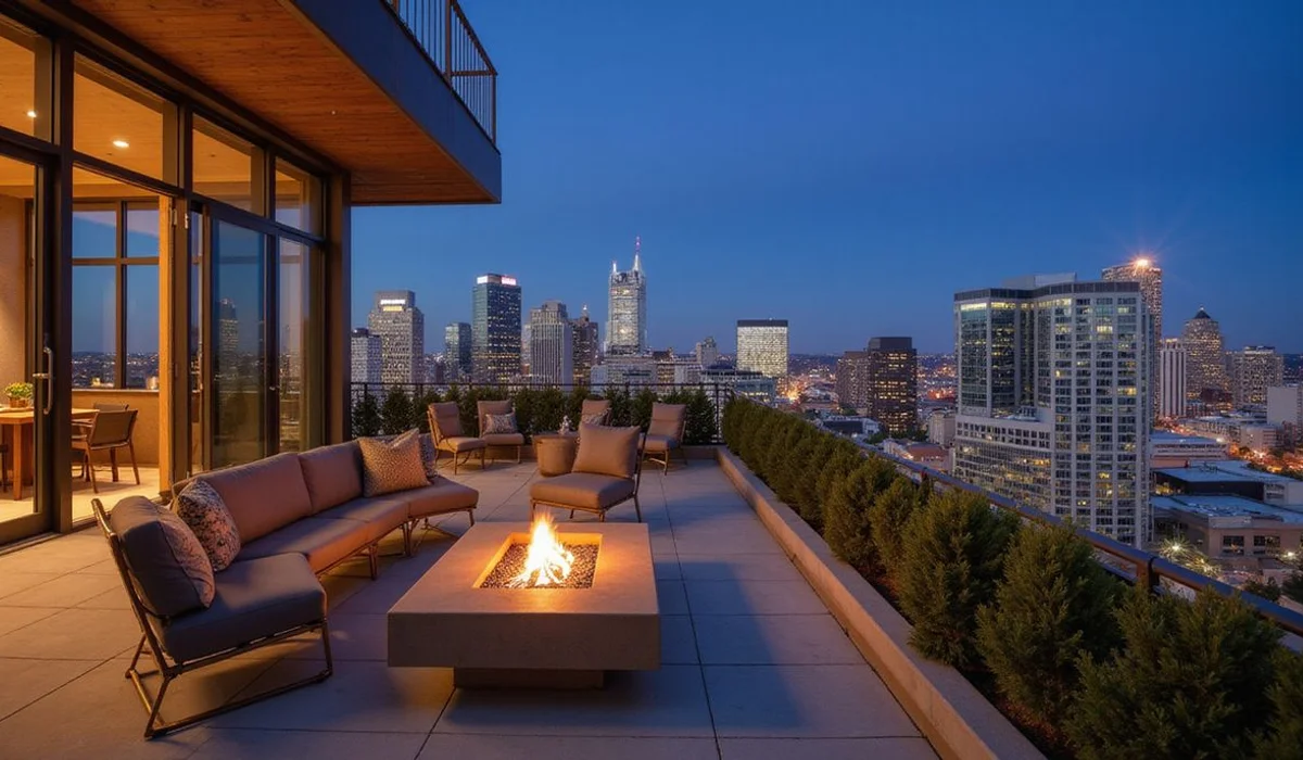 Sky lounge with fire pit overlooking the Austin skyline at dusk