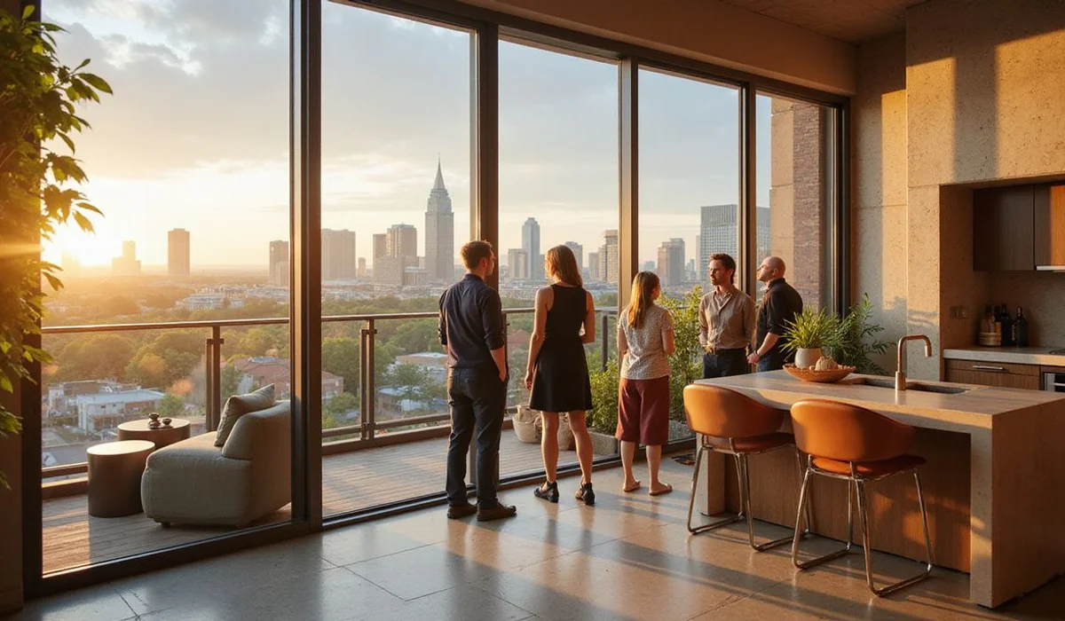 Austin apartment locating team on a high rise amenity deck