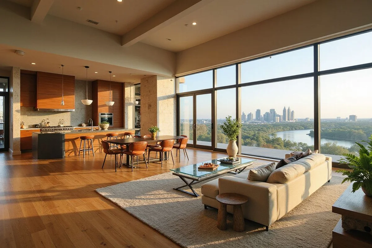 Spacious open-concept high rise great room with a kitchen island and lake view