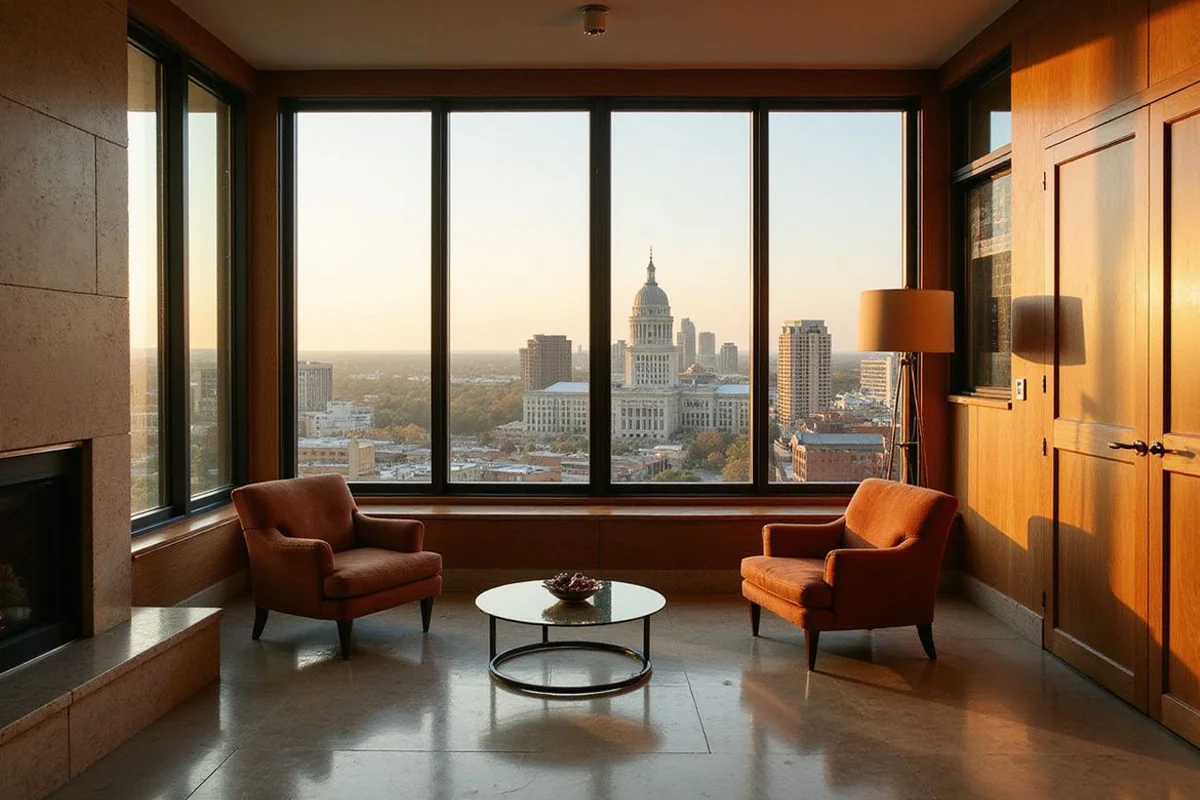 Texas State Capitol dome framed by downtown towers from a high-floor apartment